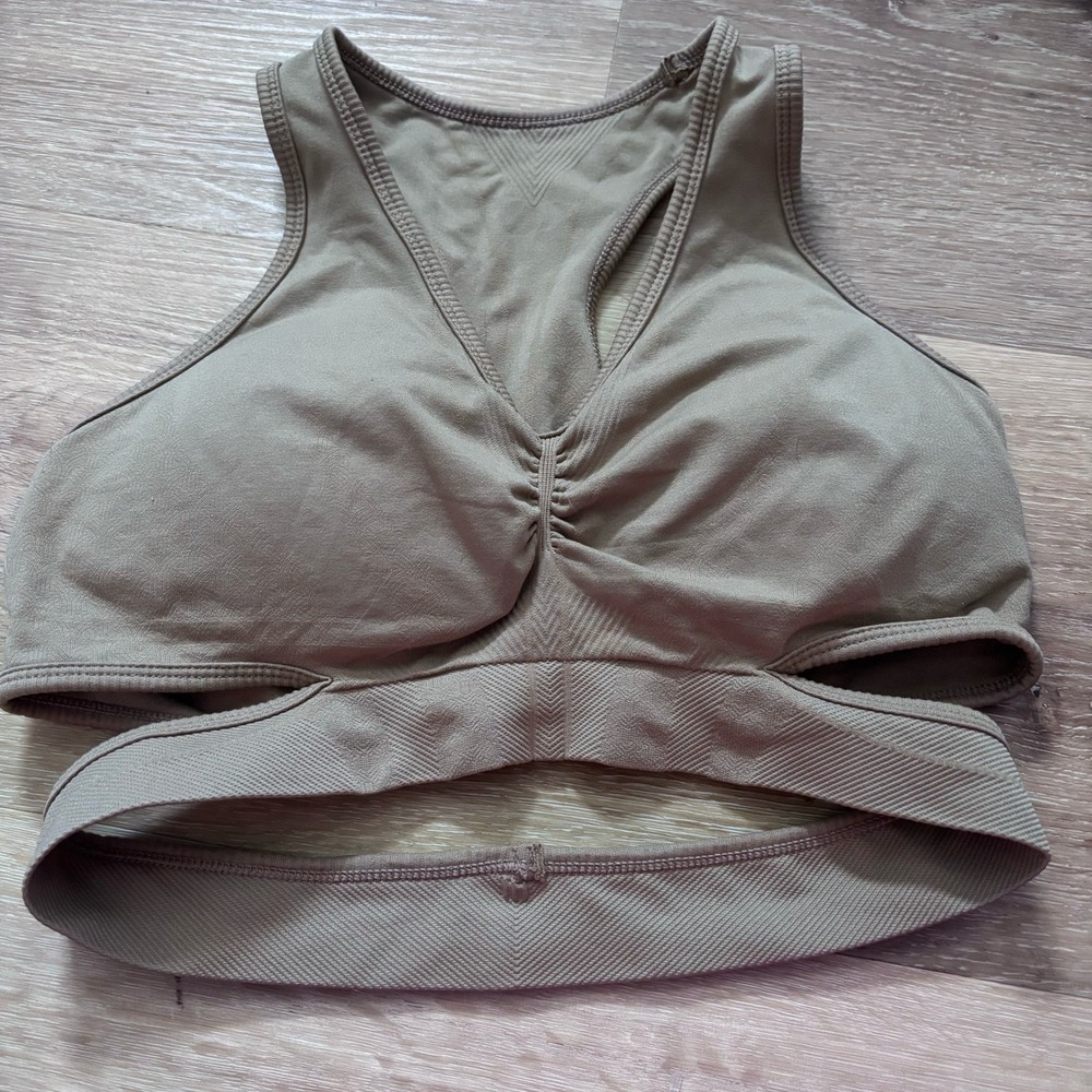 Alphalete Women Brown High Neck Seamless Ruched Sports Bra Cutout Racerback L